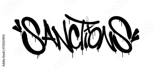 Sprayed sanctions font graffiti with overspray in black over white. Vector illustration.
