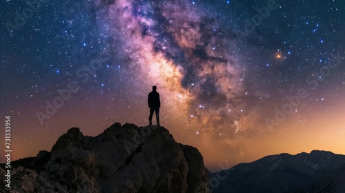Amidst the breathtaking mountain landscape, a solitary figure stands atop a rock, gazing up at the twinkling stars in the vast night sky, mesmerized by the endless possibilities of the universe