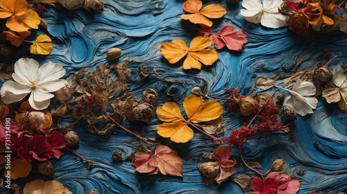 Autumn composition. Dry flowers, leaves on a blue background.