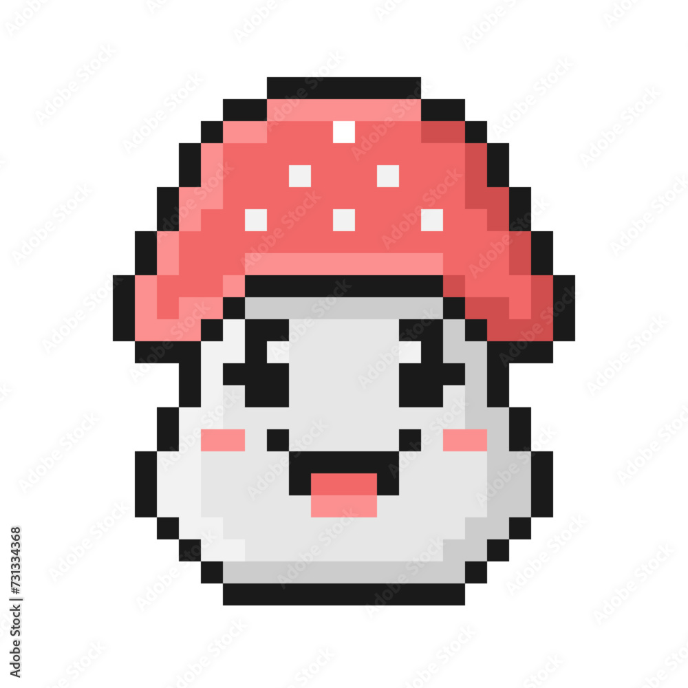 Pixel style fly agaric mushroom. Cartoon smile face with tongue out. Pixel style fly agaric mushroom. Cartoon smile face with tongue out.