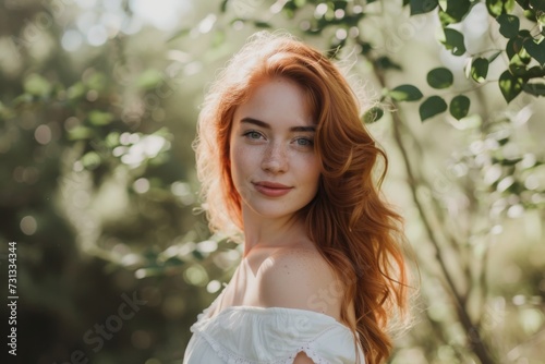 A fiery-haired woman stands tall among the trees, her freckled face framed by long locks and adorned in fashionable clothing for a stunning outdoor photoshoot