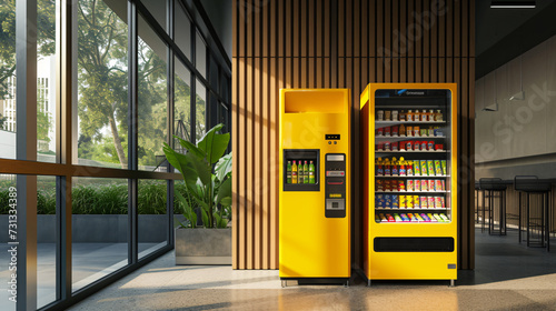Modern, sleek vending machine mockup in a bustling public space, highlighting its spacious design and ample branding panel for promotional messages. photo