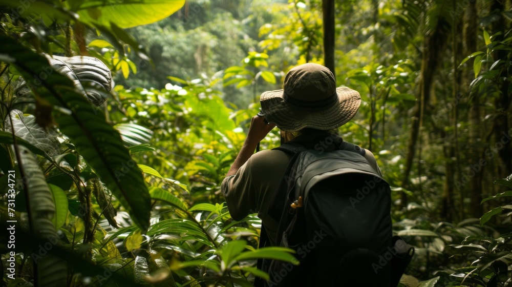 A hiker adorned in a wide-brimmed hat pauses to admire the lush rainforest vegetation surrounding them, in awe of the diverse and abundant terrestrial plants that make up this verdant jungle landscap