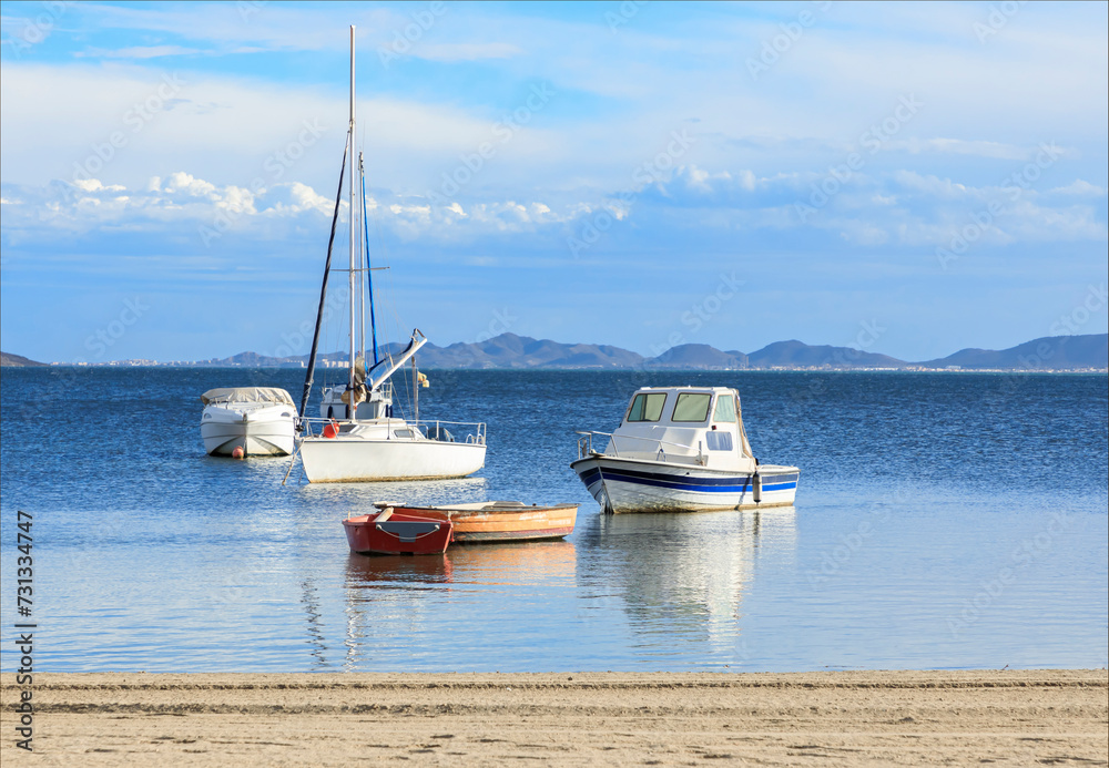 Sailing boats of different sizes by the shore