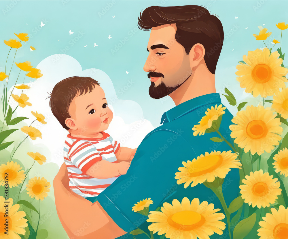 Illustration of a father with his little child, flower background, beautiful fathers day concept, father love, relationships between father and child, heartwarming bond, parent, medium banner Illustration of a father with his little child, flower background, beautiful fathers day concept, father love, relationships between father and child, heartwarming bond, parent, medium banner