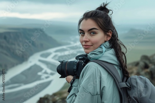 A girl, photographer is enjoying the view from a top of a mountain and holding a camera © eranda