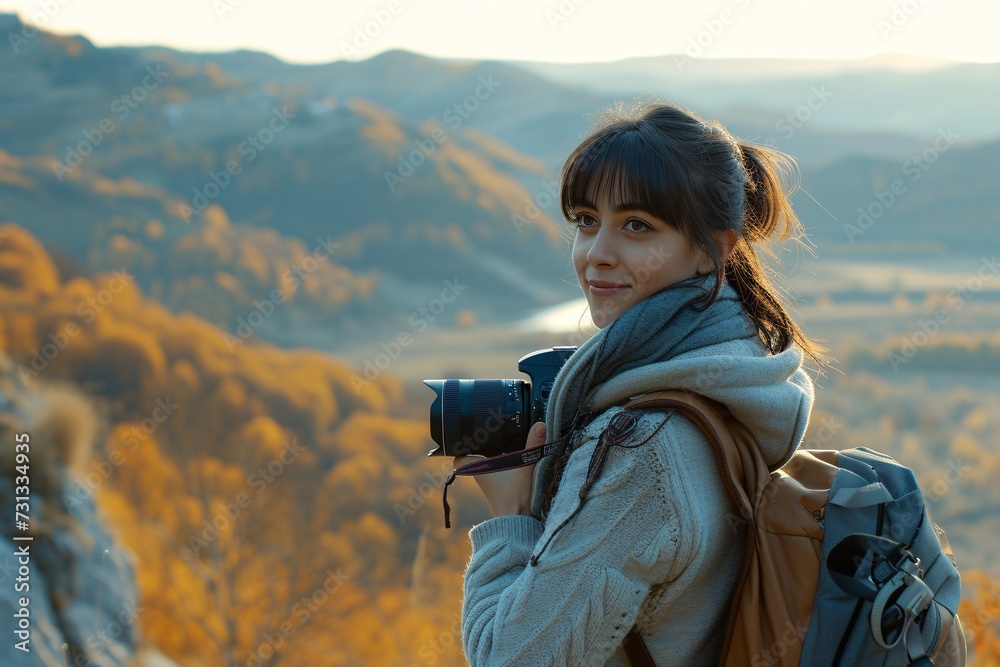 Obraz premium A girl, photographer is enjoying the view from a top of a mountain and holding a camera