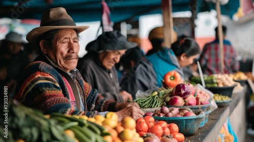 A friendly greengrocer in a sun hat stands proudly at his market stall, selling a colorful array of natural, whole foods to the health-conscious community