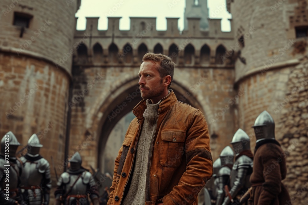 A solitary figure clad in a brown jacket gazes upon the grandeur of a medieval castle, his face reflecting a sense of wonder amidst the bustling city streets