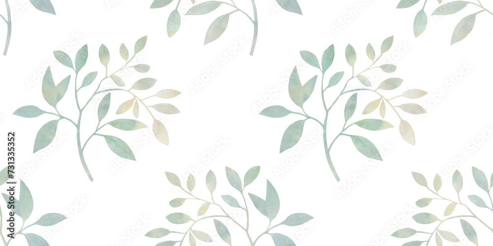 seamless botanical pattern, watercolor leaves and branches, illustration of graceful twigs, abstract art background for design
