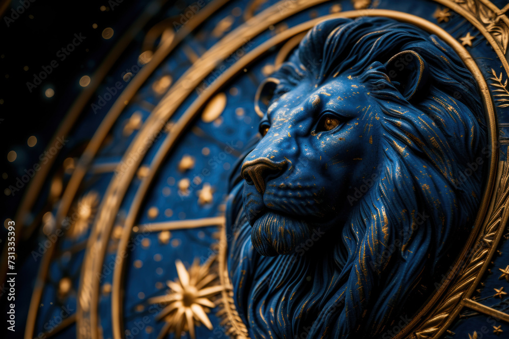 Leo zodiac sign against horoscope wheel. Astrology calendar. Esoteric horoscope and fortune telling concept.