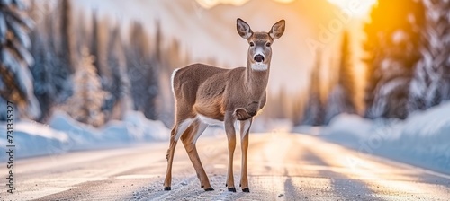 Deer standing on road near forest on winter morning with copy space for text placement