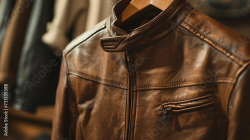 A stunning upscale leather jacket mockup displayed on a sleek wooden hanger, highlighting the jacket's exquisite texture and impeccable craftsmanship.