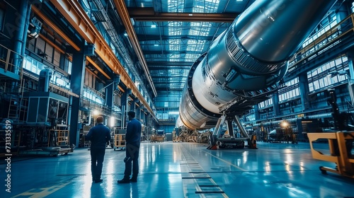 Skilled workers piece together futuristic vessel at rocket manufacturing site photo