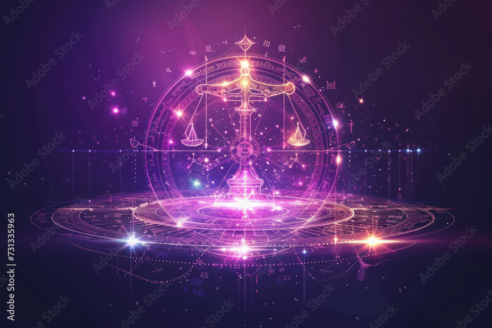 Obraz premium Libra zodiac sign against horoscope wheel. Astrology calendar. Esoteric horoscope and fortune telling concept.