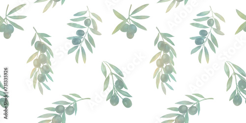 Fototapeta Naklejka Na Ścianę i Meble -  Seamless pattern, endless watercolor pattern, hand drawn. Olive branches, olives, juicy tree fruits. Fabric design, kitchen textiles, packaging, wrapping paper.