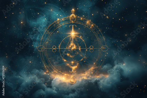 Libra zodiac sign against horoscope wheel. Astrology calendar. Esoteric horoscope and fortune telling concept.
