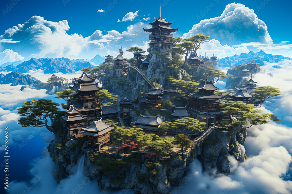 Fantasy Medieval Japanese Village Floating on a Sky island - Abstract PC Desktop warrior Wallpaper Background Banner Chill Lofi Concept