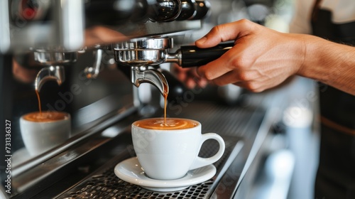 Barista making coffee latte in cafe with blurred background and copy space for text placement