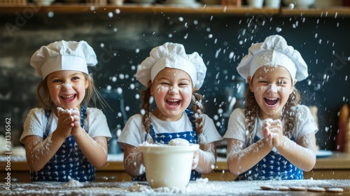 Happy family with funny kids baking delicious cookies in their cozy home kitchen