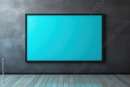 blank frame in Cyan backdrop with Cyan wall, in the style of dark gray 
