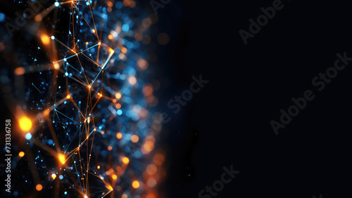 Abstract wallpaper with glowing blue and yellow light points connected to eachother on a black background. Copy space for text,message, logo, advertising. Concept of science, technology, information photo