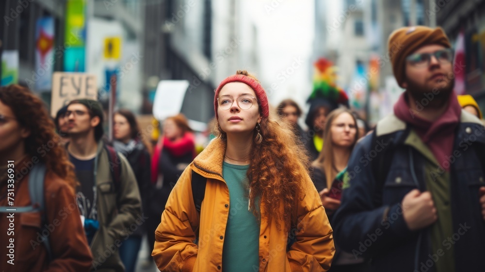 Amidst the bustling city street, a woman radiates confidence in her vibrant yellow jacket and red beanie, standing tall and proud in a sea of people