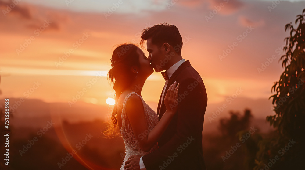 A breathtaking moment captured as the sun sets, revealing a vivid canvas of orange and pink hues, as two lovers share a tender, passionate kiss against the backdrop of a serene beach.