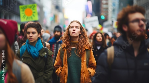 A woman's bright smile stands out in a sea of people on a bustling city street, her stylish scarf and jacket adding a pop of color to the crowd's sea of clothing and faces