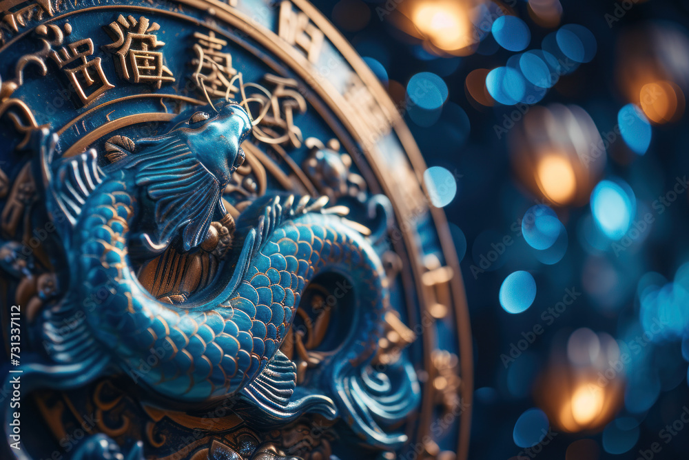 Obraz premium Pisces zodiac sign against horoscope wheel. Astrology calendar. Esoteric horoscope and fortune telling concept.