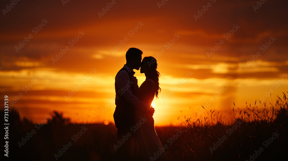 A breathtaking moment captured as a couple embraces against a stunning sunset backdrop, exchanging a heartfelt kiss filled with love and passion.
