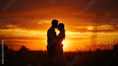 A breathtaking moment captured as a couple embraces against a stunning sunset backdrop, exchanging a heartfelt kiss filled with love and passion.