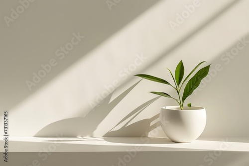 A delicate houseplant gracefully adorns a sleek white flowerpot, adding a touch of natural elegance to the modern indoor design against a wall