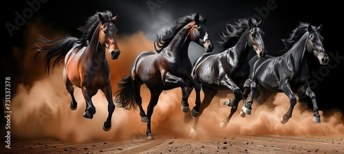 Galloping horses on dusty trail, panoramic view, power and freedom, dynamic equestrian scene.