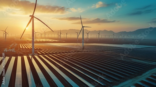 Embracing renewable energy with a picturesque landscape of solar panels and wind turbines, framed by a vibrant sky at sunrise and sunset, as a symbol of progress and sustainability