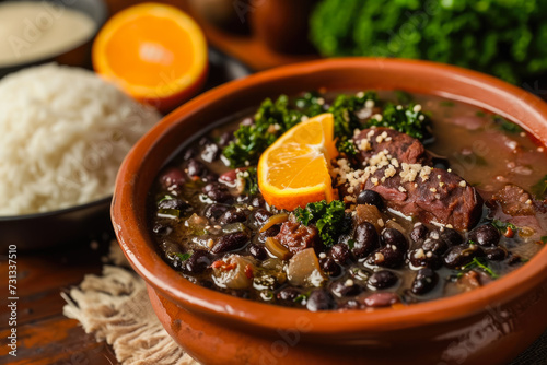 dish of feijoada, a Brazilian black bean stew with pork, beef, sausage, and other meats