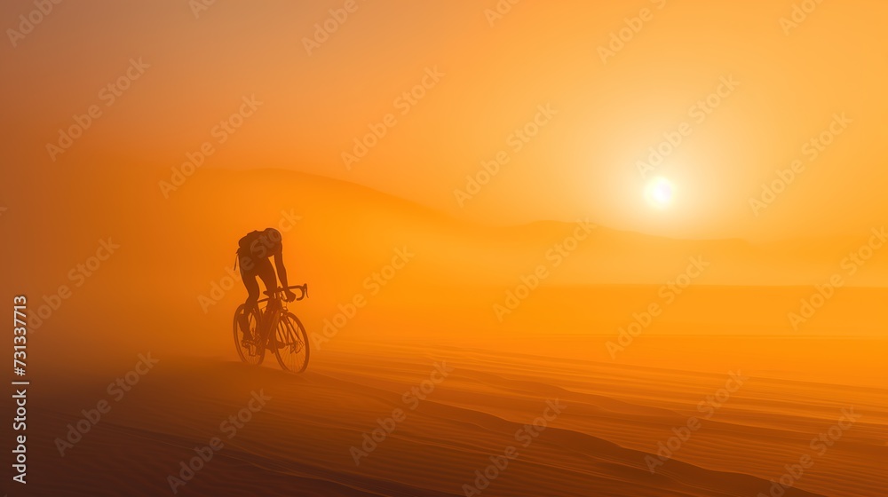 Obraz premium An unrecognizable silhouette of a man riding a bicycle against the background of a sunset sky over a sandy area.