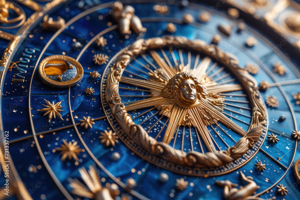 Sagittarius zodiac sign against horoscope wheel. Astrology calendar. Esoteric horoscope and fortune telling concept.