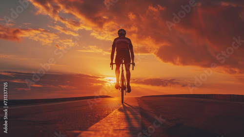 Unrecognizable silhouette man riding bicycle against sunset sky, riding racing bicycle on open road. © Elena