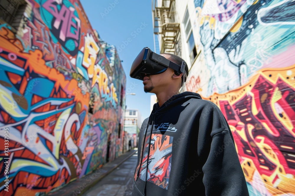 Fototapeta premium A man immerses himself in a vibrant world of street art, donning virtual reality goggles that blur the lines between clothing and technology