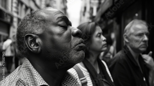 A man stands on a street corner, his eyes closed and his face adorned with a monochrome snapshot of emotions, as he takes a moment to reflect on his personal style and the human experience