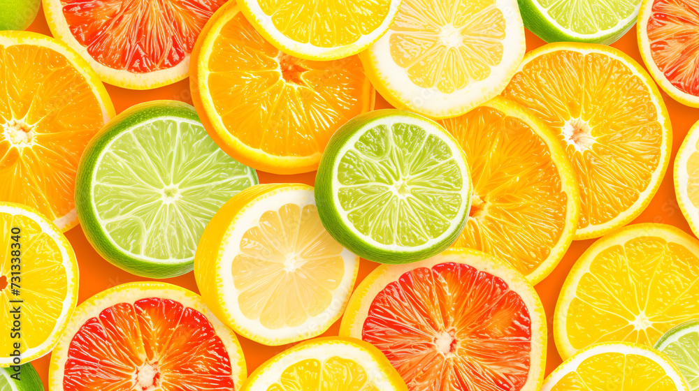 A refreshing and vibrant seamless pattern featuring citrus slices of juicy oranges, zesty lemons, and tangy limes. Perfect for adding a fresh and tropical touch to any design project.