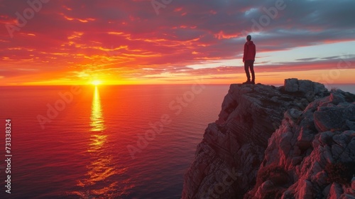 As the fiery afterglow of the sunset illuminates the sky  a solitary figure stands on the edge of a cliff  gazing out at the vast expanse of the ocean and the tranquil beach below