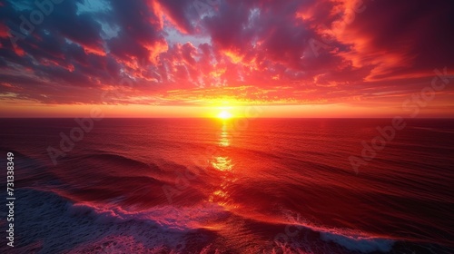 As the sun sinks below the horizon, the afterglow illuminates the sky and paints the clouds with a fiery red, creating a tranquil and picturesque evening over the calm waters of the ocean
