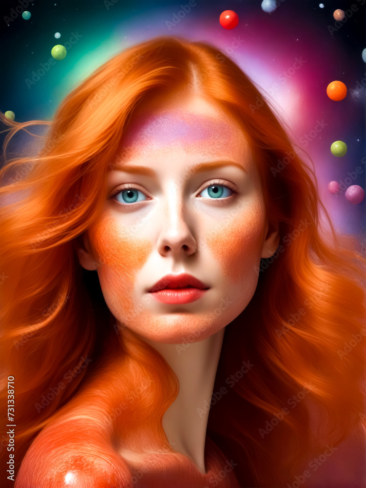 Painting of woman's face with red hair and blue eyes.