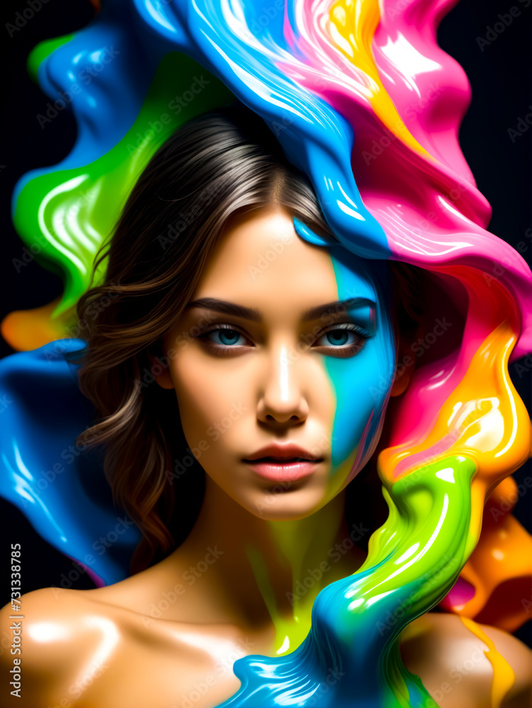 Fototapeta premium Painting of woman's face with multi - colored paint on it.