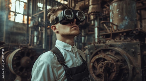 A determined factory worker donning protective goggles as he toils away in the industrial setting, his face a reflection of determination and resilience
