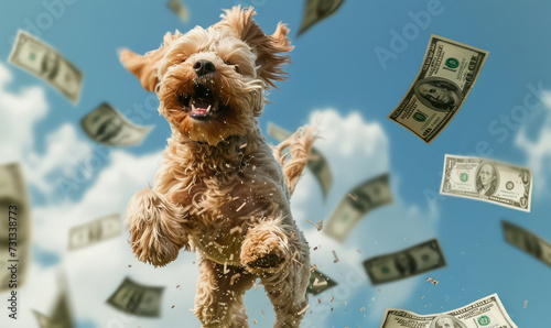 A playful dog, puppy running and jumping among paper money flying in the air. Concept of finance, economy, wealth, animals, richness, riches