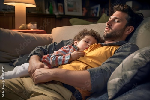 father and son fell asleep together at sofa living room