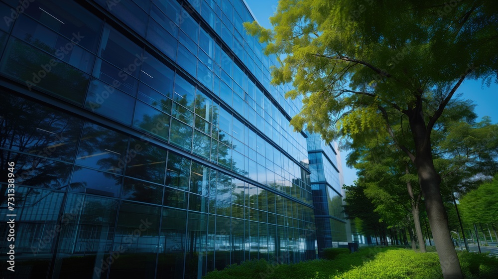 Glass office building exterior outdoors on sunny day with green trees next to it